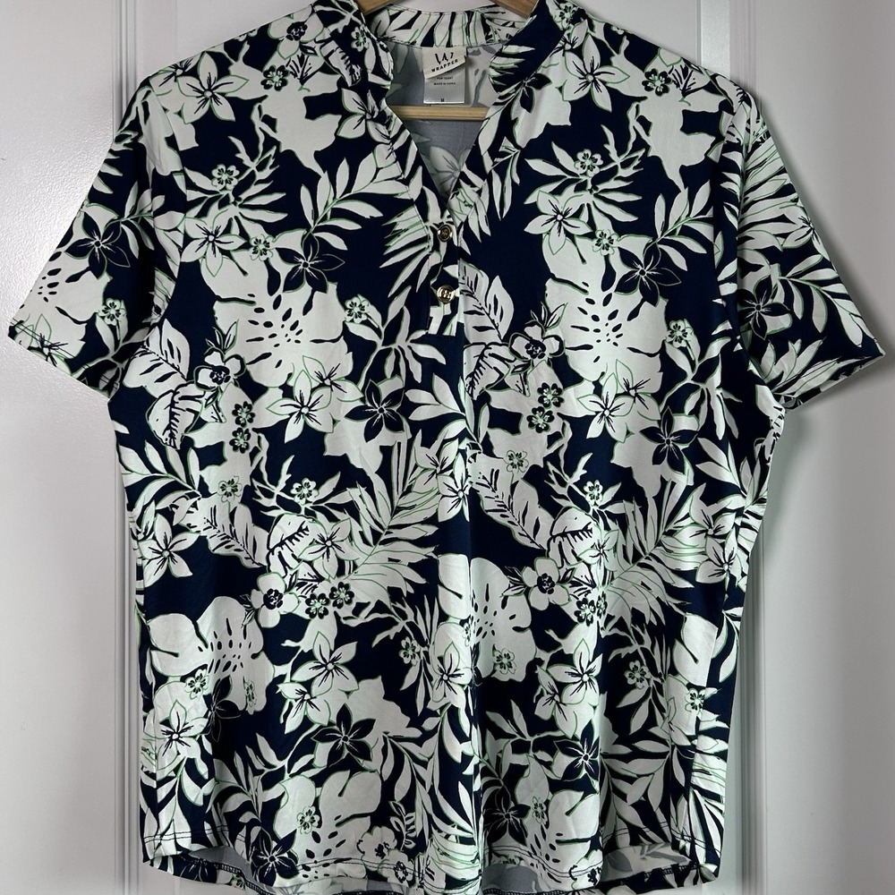 Wrapper Tropical Hibiscus Floral Button Neck Blouse Coastal‎ Grandmother Style